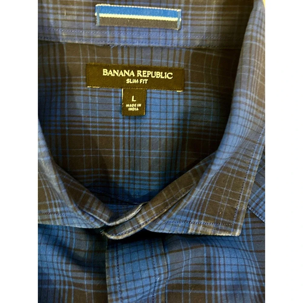 Banana Republic Men's Slim Fit Large Blue Plaid Pearl Snap Western Shirt